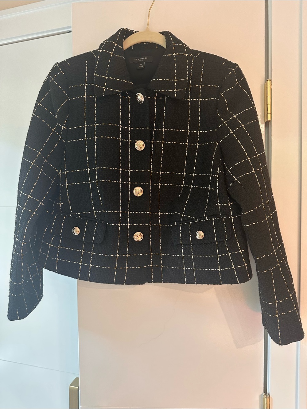 Ann Taylor Petite Black Plaid Tweed Jacket with Gold Buttons